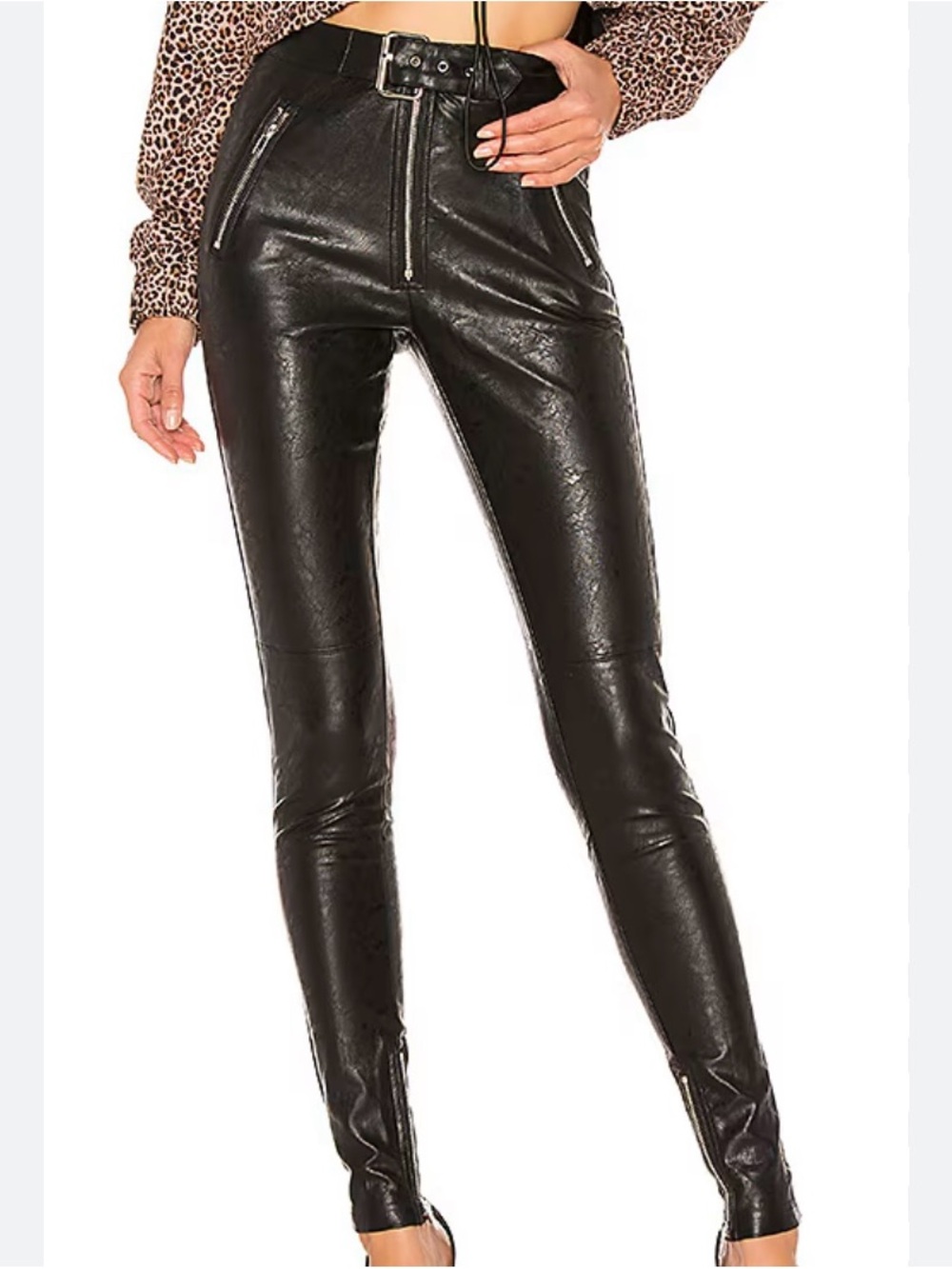 Danielle Guizio Black High-Rise Faux Leather Skinny Pants with Belt